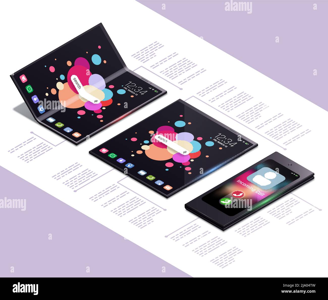 Foldable gadgets concept isometric mockup composition with next generation electronic touch screen smartphone models with text vector illustration Stock Vector
