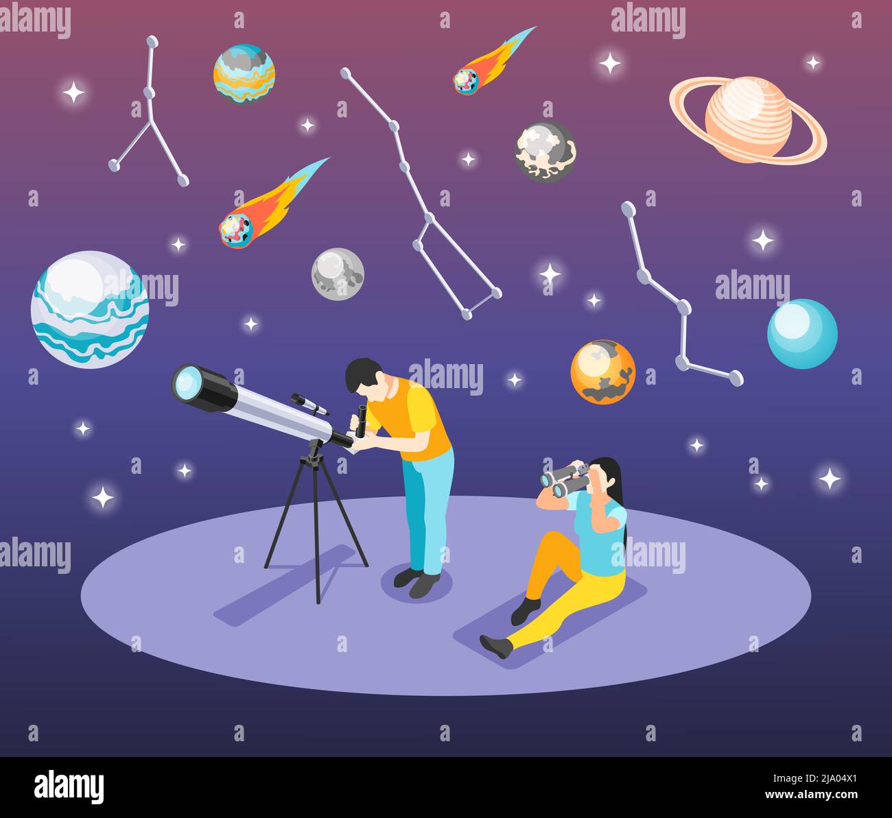 Astronomy isometric background composition with human characters