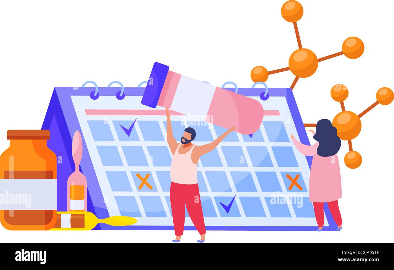 Vaccination composition with calendar tube and human characters flat vector illustration Stock Vector