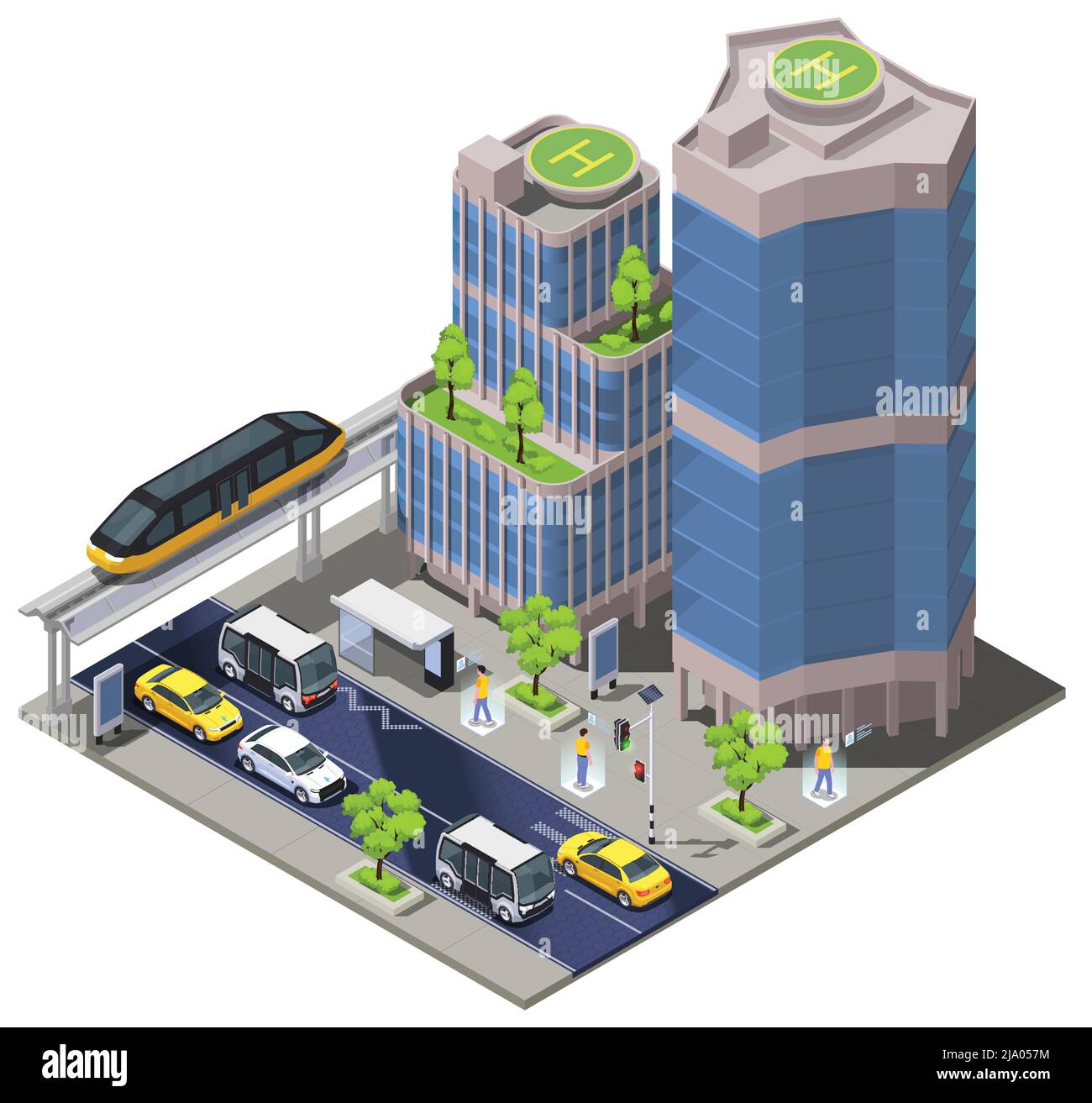 Smart city technologies isometric composition of town block scenery with tall buildings remote cars and monorail vector illustration Stock Vector