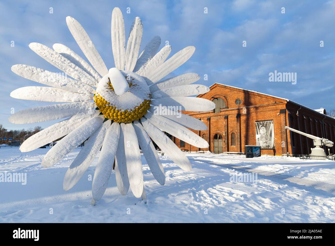 Turku, Finland - January 22, 2016: Giant chamomile flower installation at the port of Turku Stock Photo