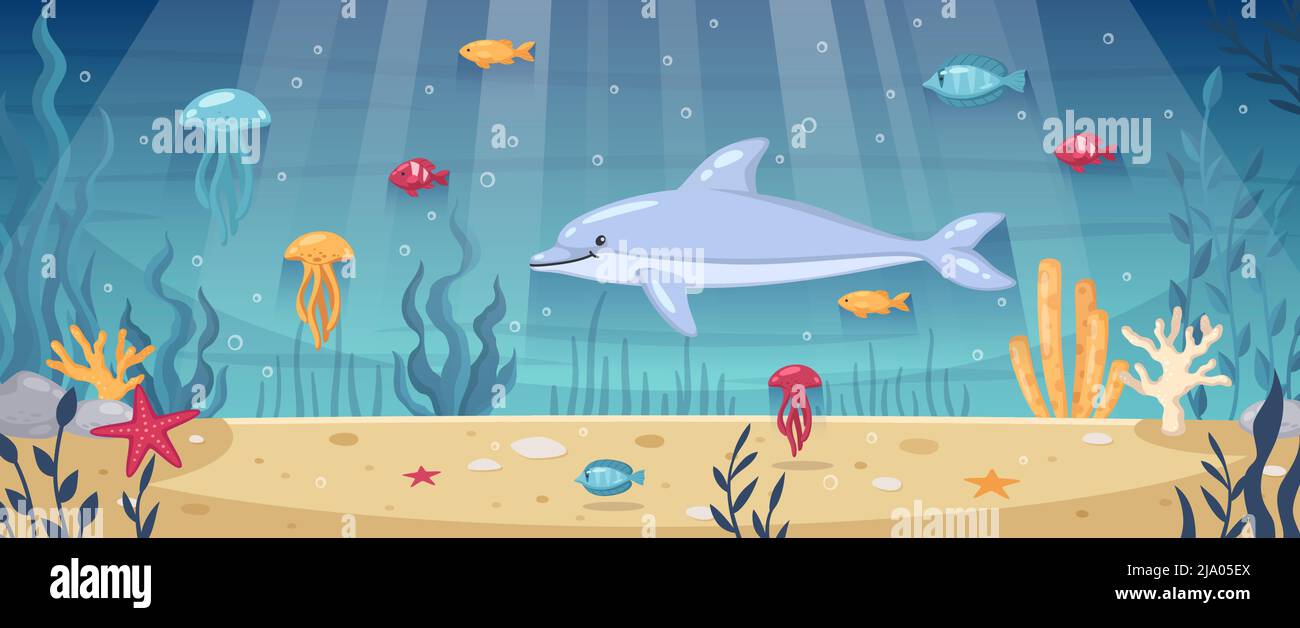 Diving snorkeling underwater world cartoon background with dolphin starfishes ocean floor seaweeds coral reef vector illustration Stock Vector