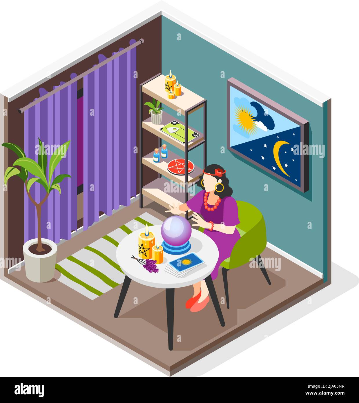 Magical services isometric background composition with indoor view of fortunetelling room with character of fortune teller vector illustration Stock Vector