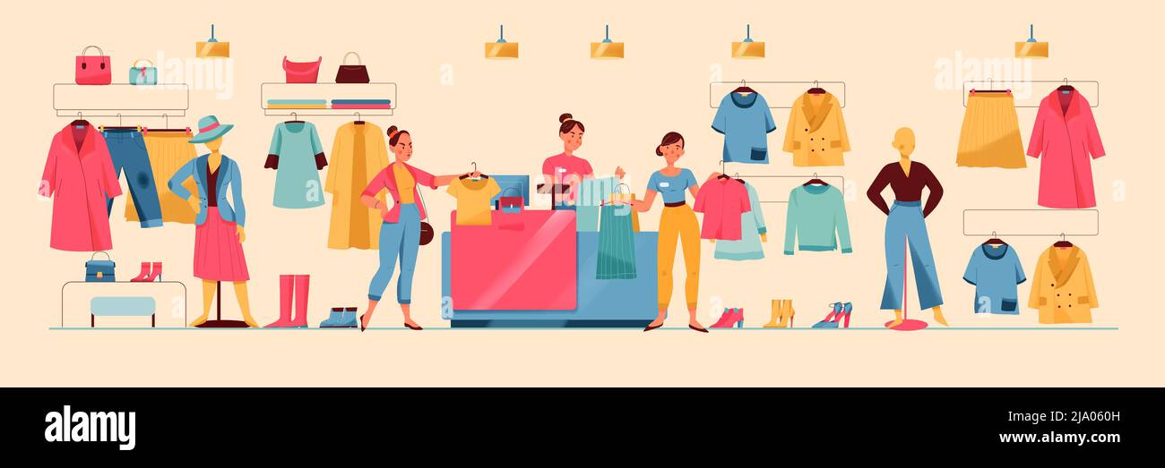 Woman making purchase in clothing store flat vector illustration Stock ...