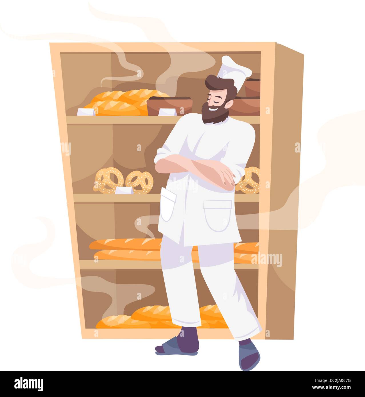 Bakery set flat composition with bearded cook in front of cabinet with ...