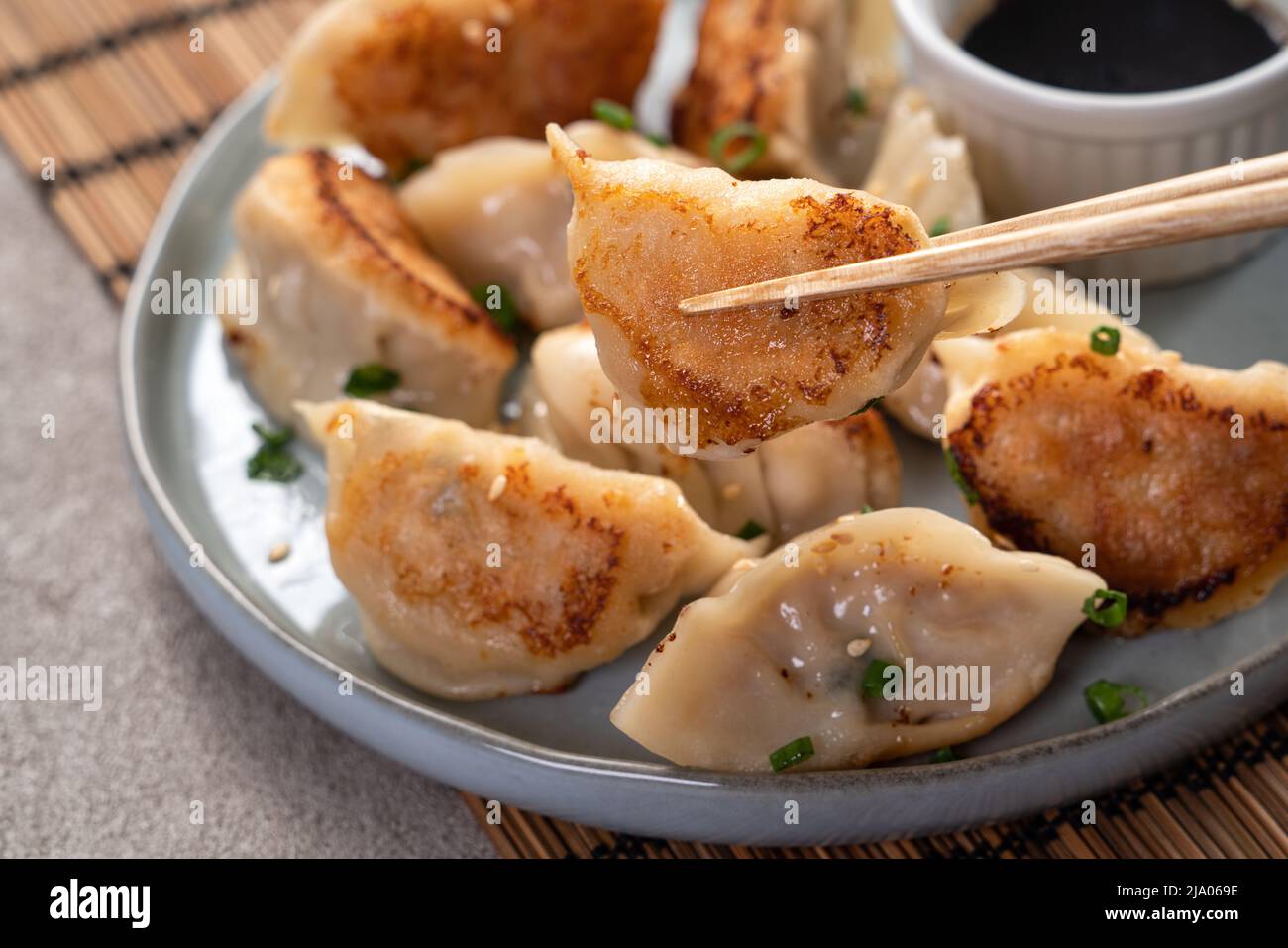 Taiwanese and Japanese Panfried gyoza dumpling jiaozi food in a plate