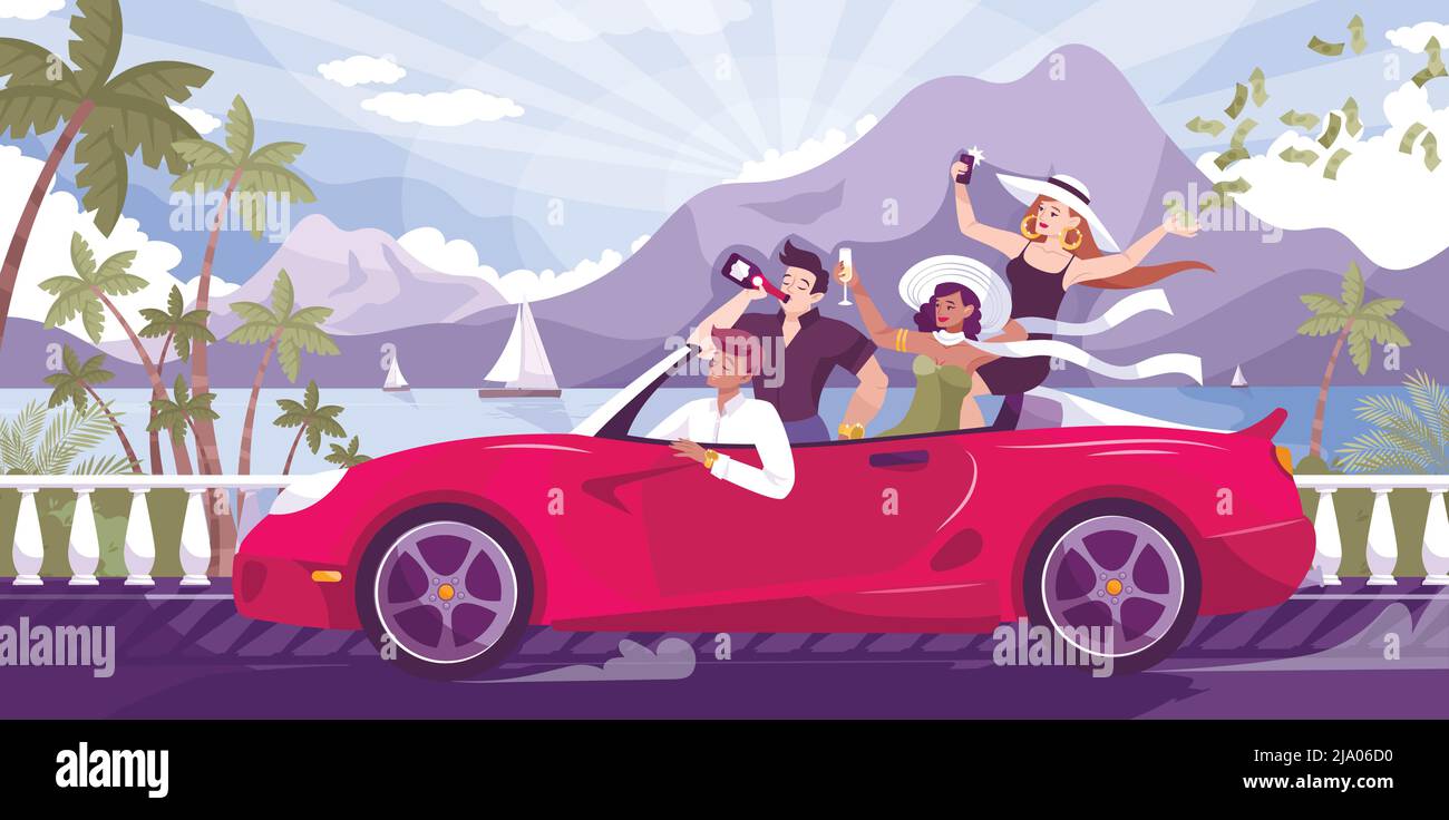 Rich youth flat composition with outdoor tropical landscape mountains yachts and group of teenagers riding cabrio vector illustration Stock Vector