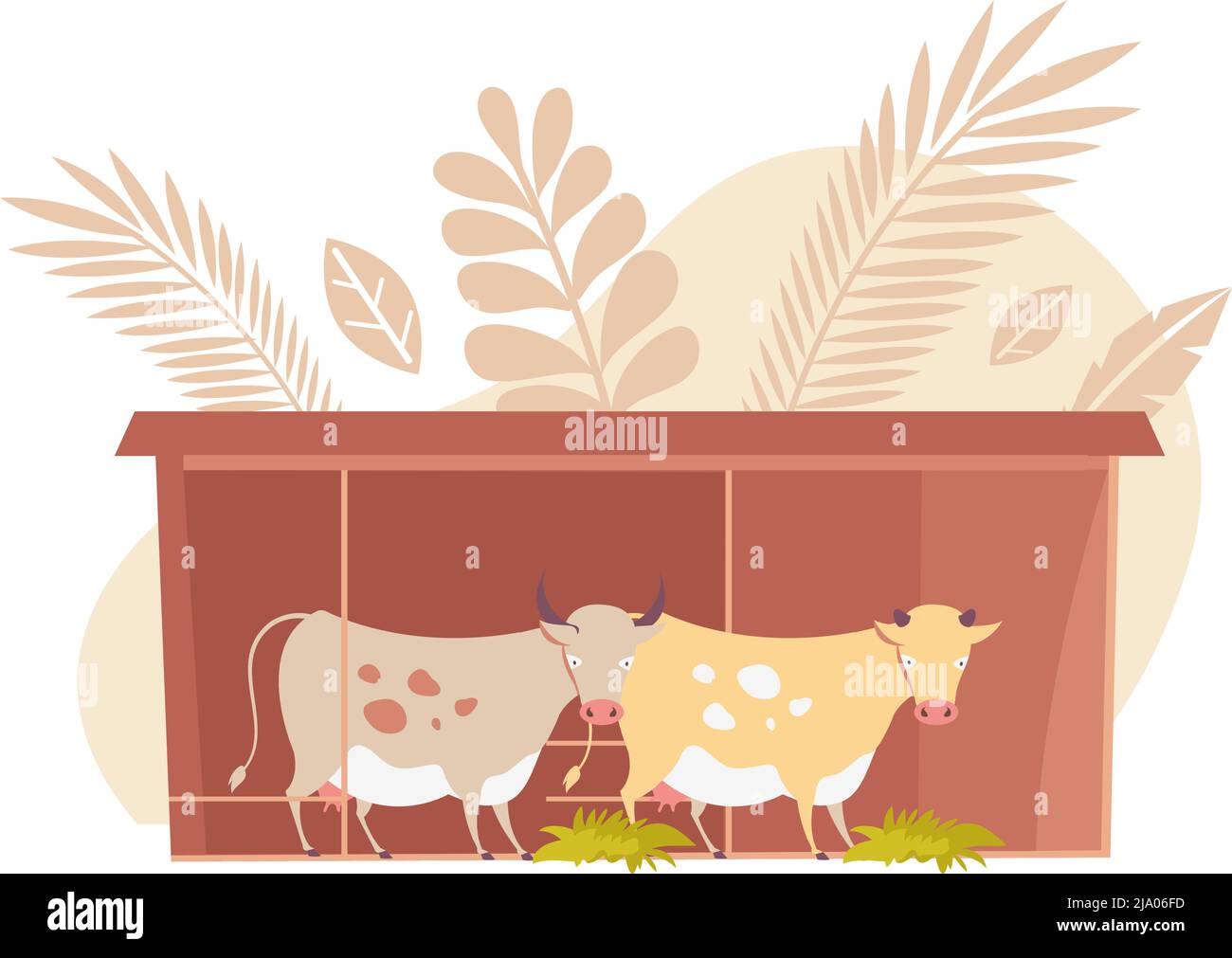 Flat icon with two milk cows on farm on background with wheat ears ...