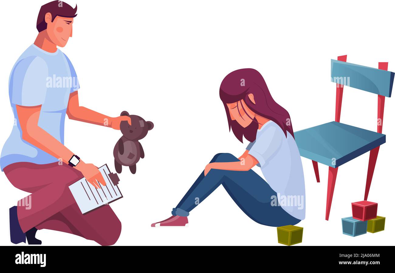 Sad Client Flat composition with psychologist holding toy and his sad client ...