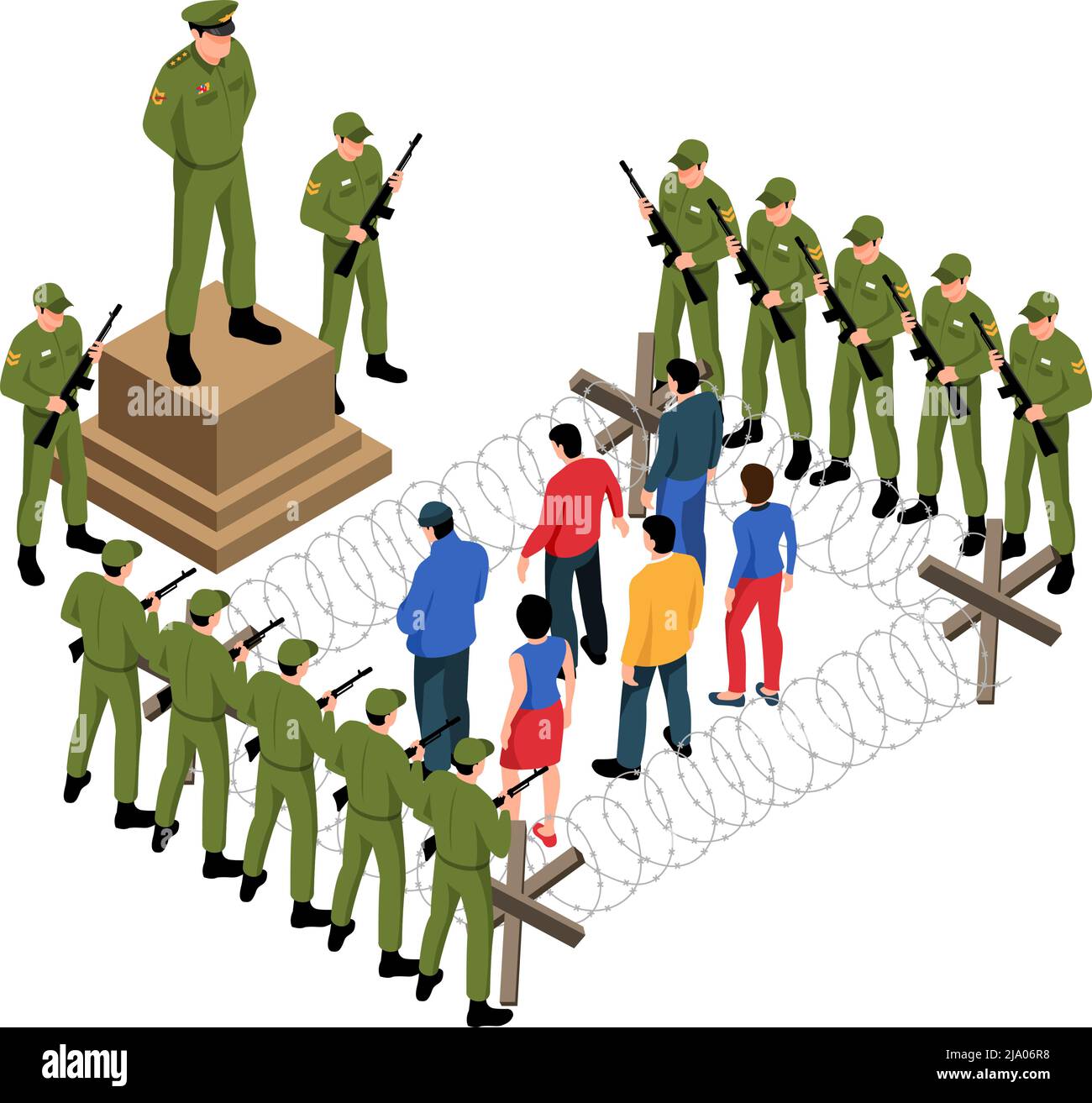 Political system isometric icon with soldiers surrounding dissidents behind barbed wire vector illustration Stock Vector