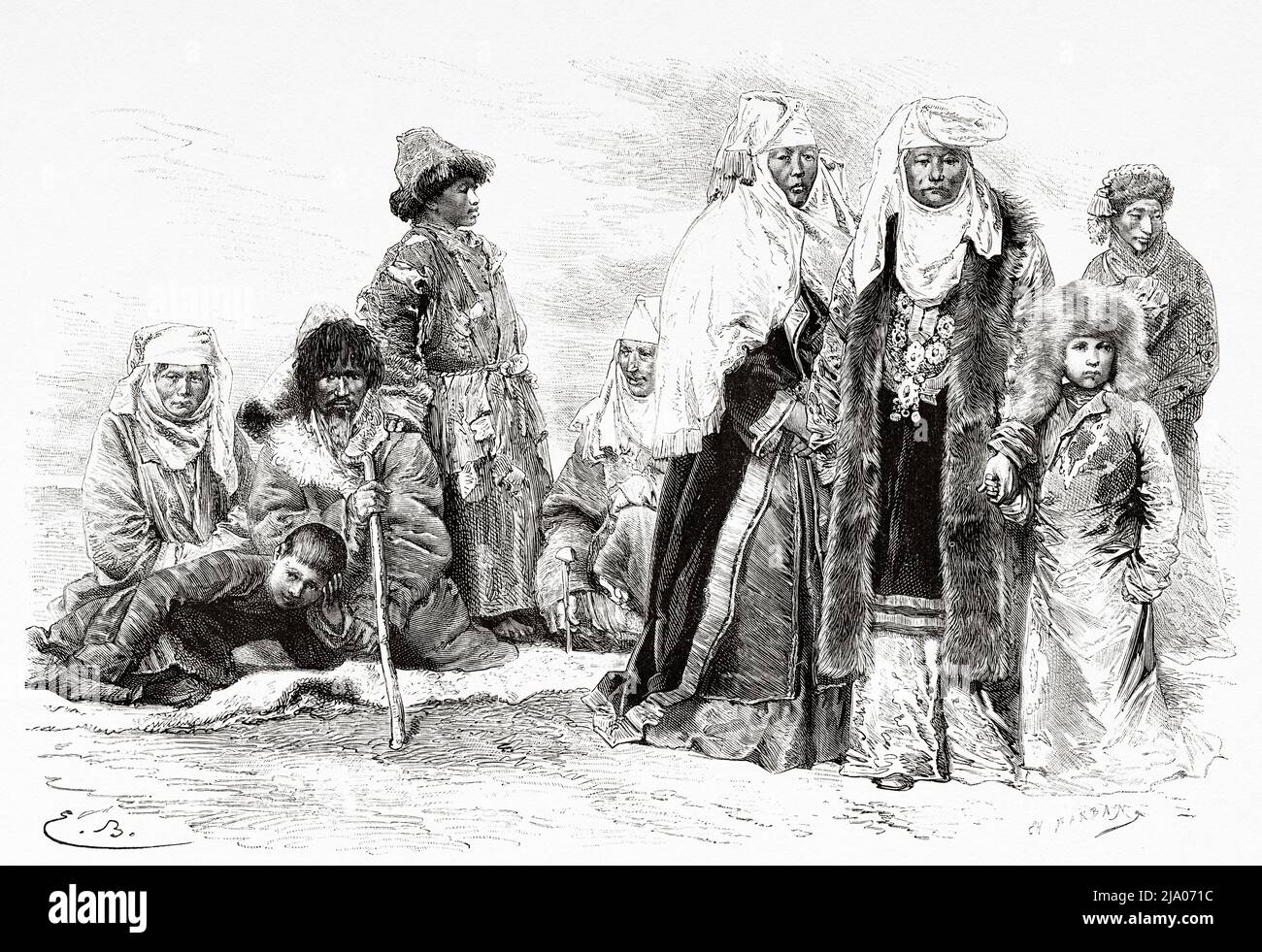 Poor and rich Kyrgyz family. Kyrgyzstan, Central Asia. From Orenburg to Samarkand 1876-1878 by Madame Marie Ujfalvy-Bourdon, Le Tour du Monde 1879 Stock Photo