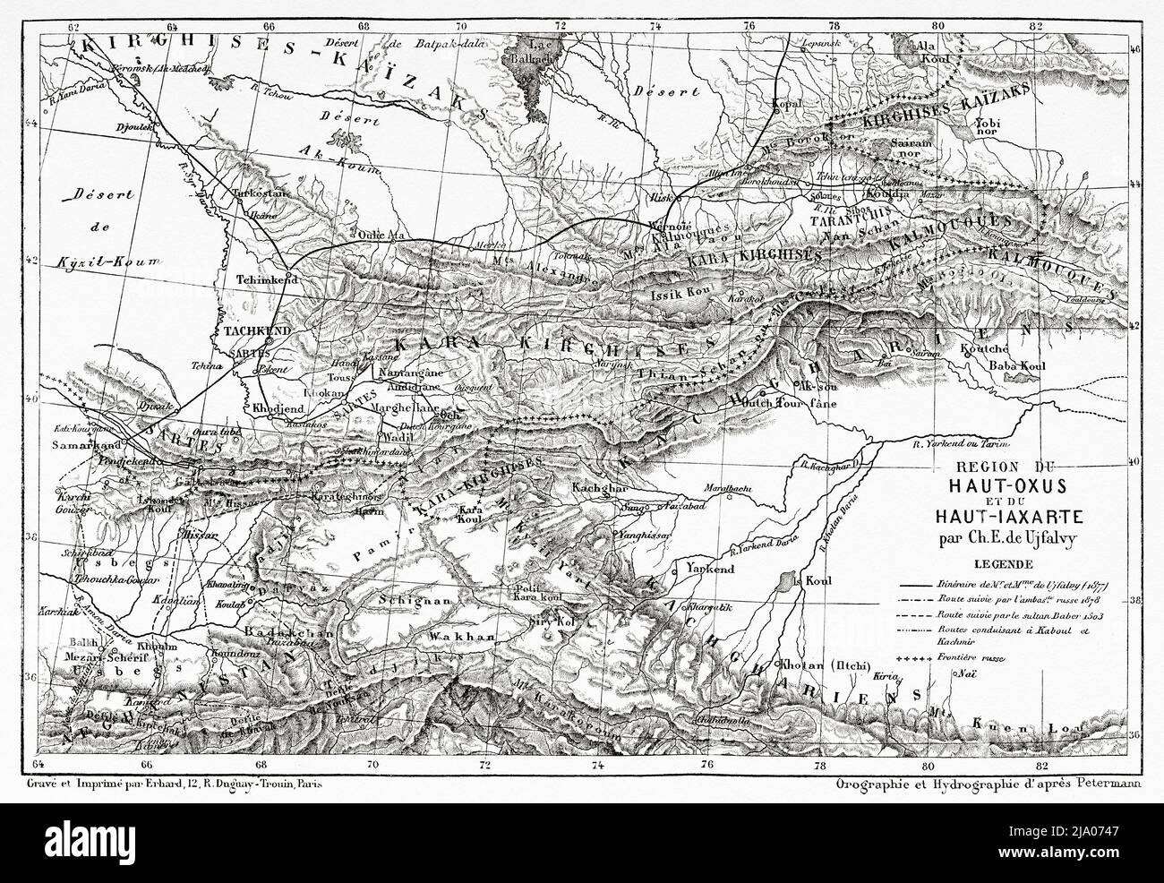 Upper Oxus and Upper Iaxarte region. Uzbekistan, Central Asia. From Orenburg to Samarkand 1876-1878 by Madame Marie Ujfalvy-Bourdon, Le Tour du Monde 1879 Stock Photo