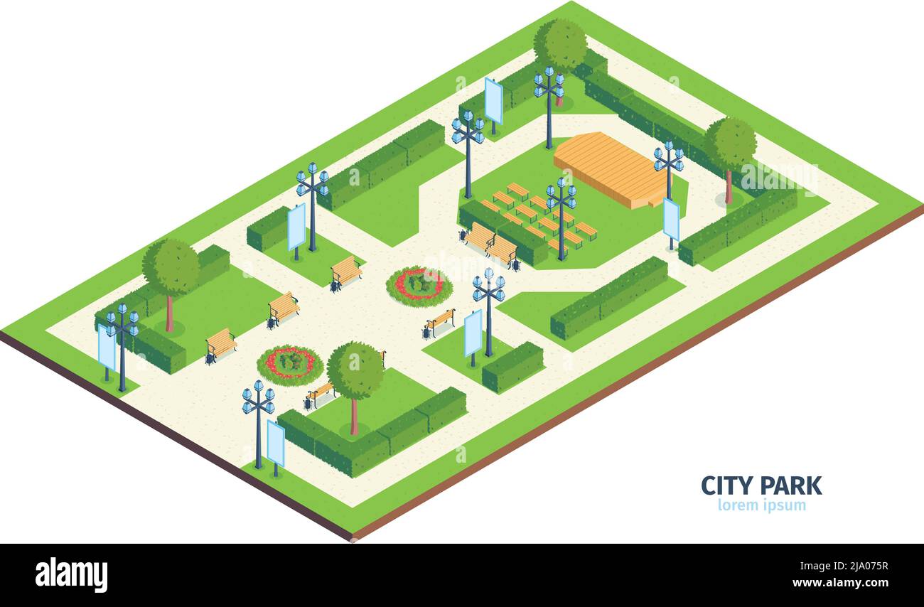 Isometric city park composition with text urban public garden with ...