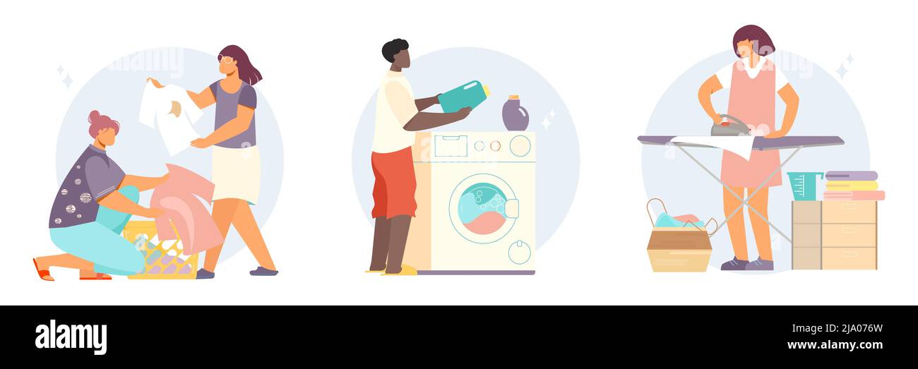 Laundry compositions with flat characters of people collecting and washing clothes with washing machine and iron vector illustration Stock Vector