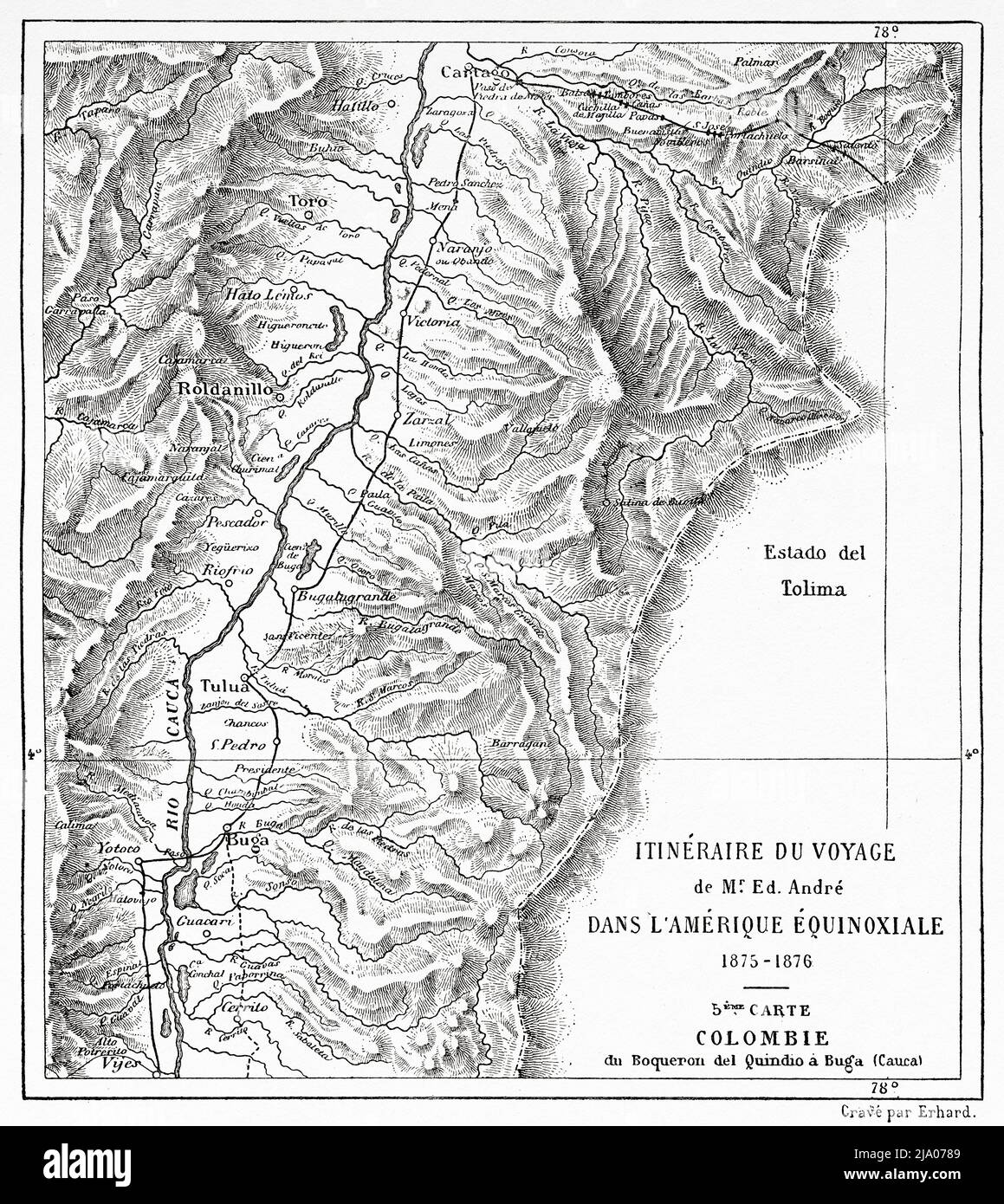 From Boquerón de Quindío to Buga, Cauca Department. Colombia, South America. Travel itinerary map through Equinoctial America 1875-1876 by Edward Francois Andre. Le Tour du Monde 1879 Stock Photo