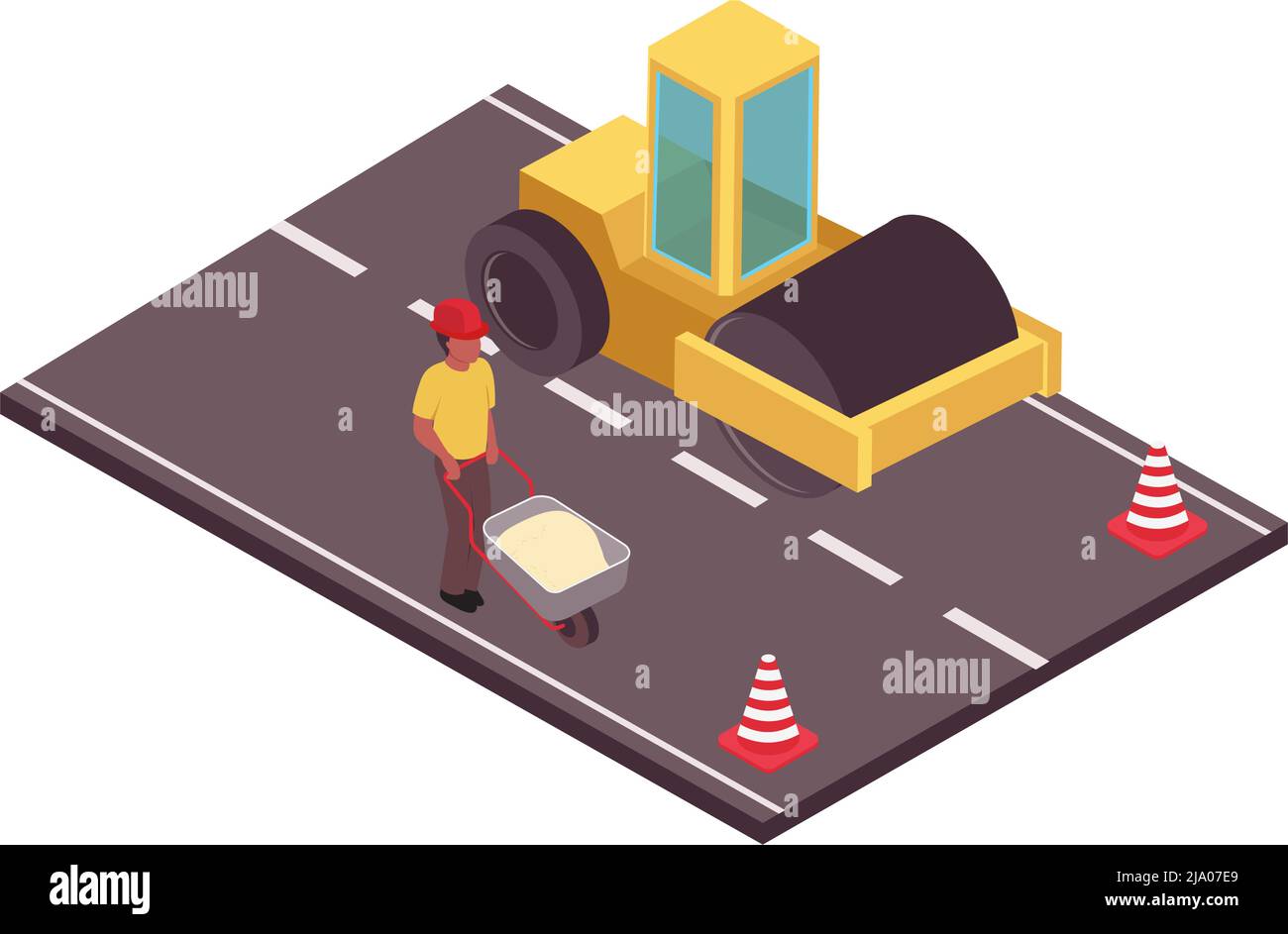 Road set isometric composition with view of road with traffic cones ...