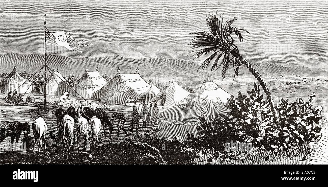 Camp outside of the city of Tangier, Morocco. North of Africa. Morocco by Edmondo de Amicis 1875.  Le Tour du Monde 1879 Stock Photo