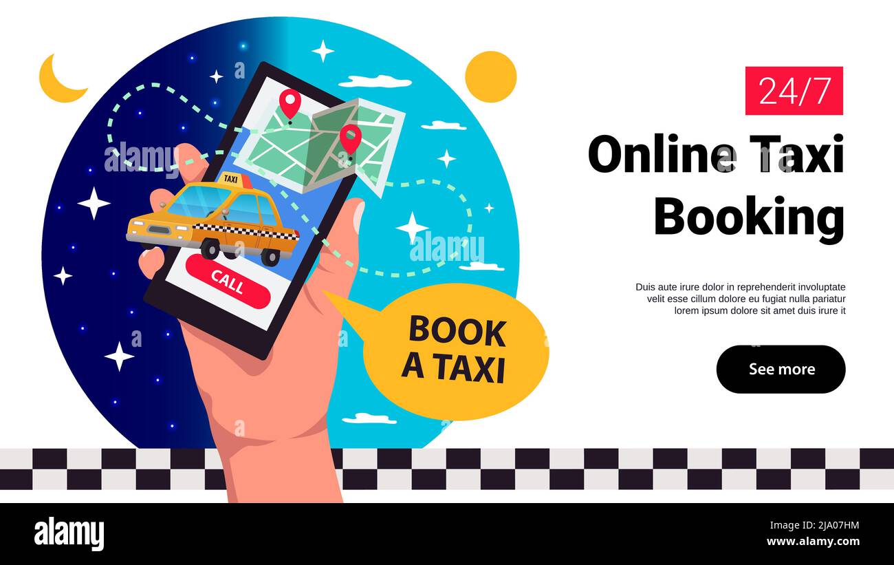 Online taxi booking using mobile devices app web page with hands holding smartphone horizontal banner vector illustration Stock Vector