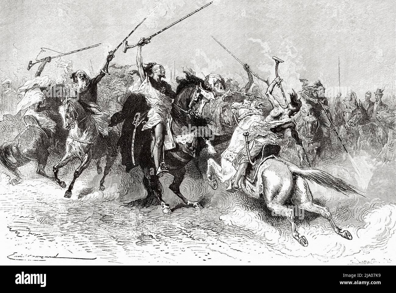 The Moroccan tradition of Fantasia. Lab al baroud. Unpowder game or Tbourida, is a stylized reenactment of a wartime cavalry charge, a celebration of the region's history and of the bond between horse and rider, Morocco. North of Africa. Morocco by Edmondo de Amicis 1875. Le Tour du Monde 1879 Stock Photo