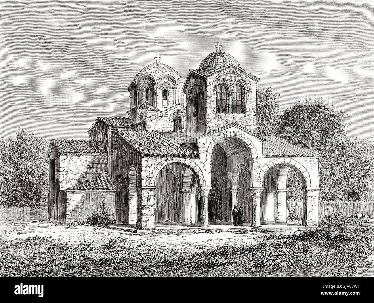 Church of Siamari, Peloponnese, Greece. Europe. Voyage in Greece, 1861-1868-1874, by Henri Belle. Le Tour du Monde 1879 Stock Photo