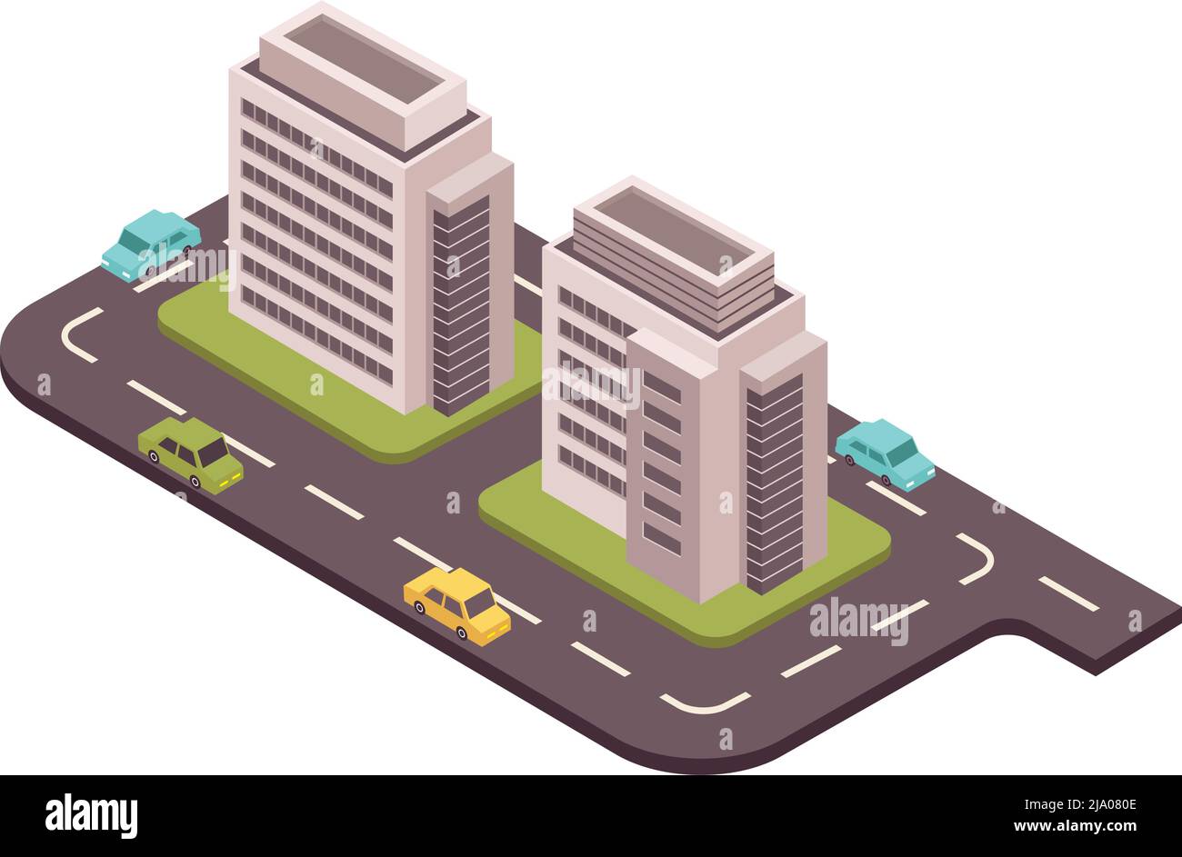 Road set isometric composition with view of two houses surrounded by ...
