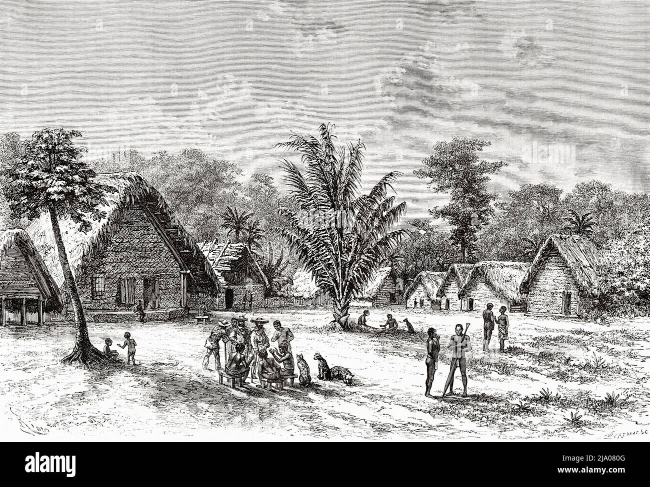 Boni Indians Village, French Guiana, Department of France, South America. Voyage of exploration in the interior of the Guianas 1877 by Jules Crevaux. Le Tour du Monde 1879 Stock Photo