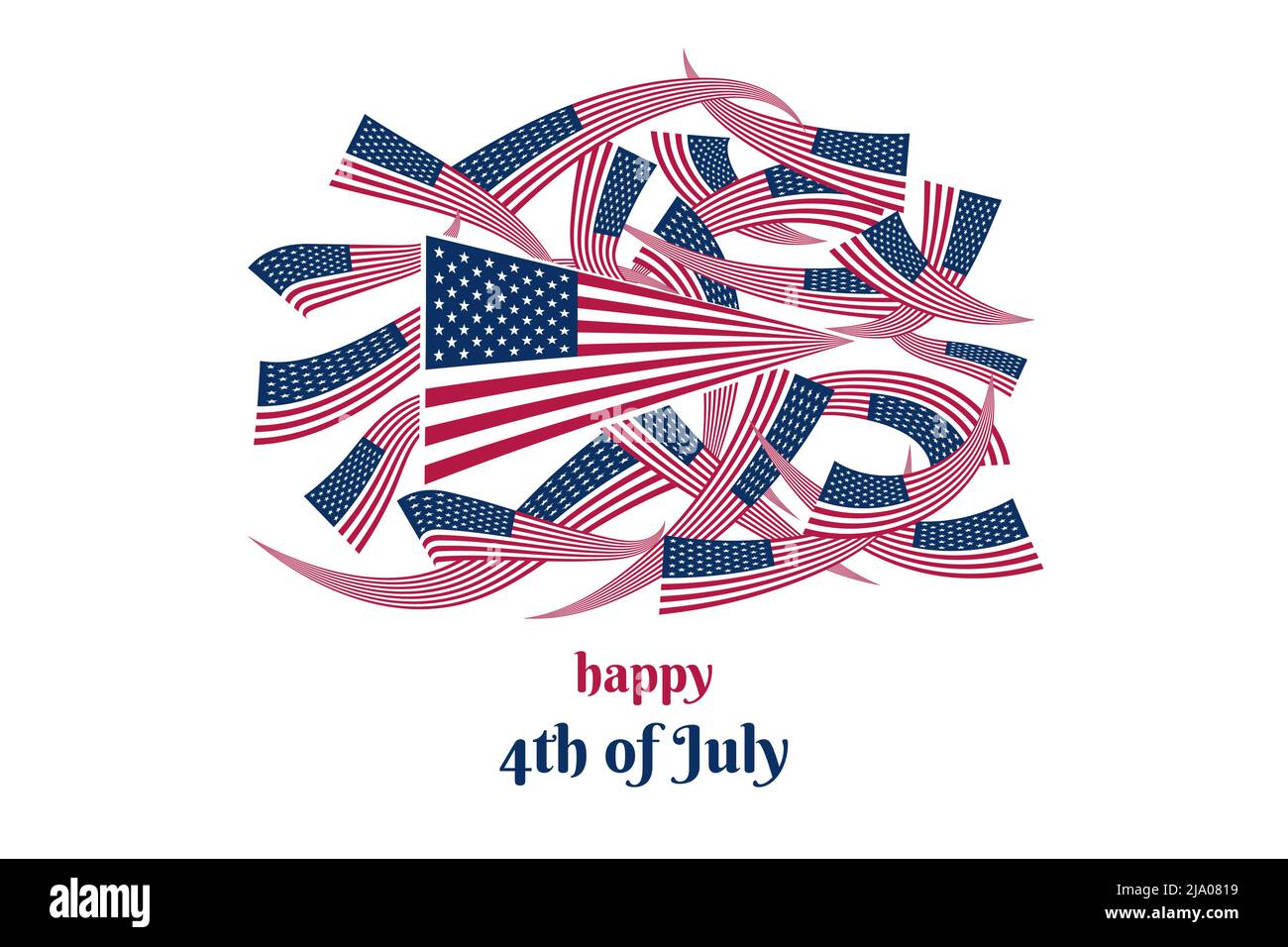 Group of waving American Flag isolated on white. 4th of July Independence Day concept. Flat vector illustration Stock Vector