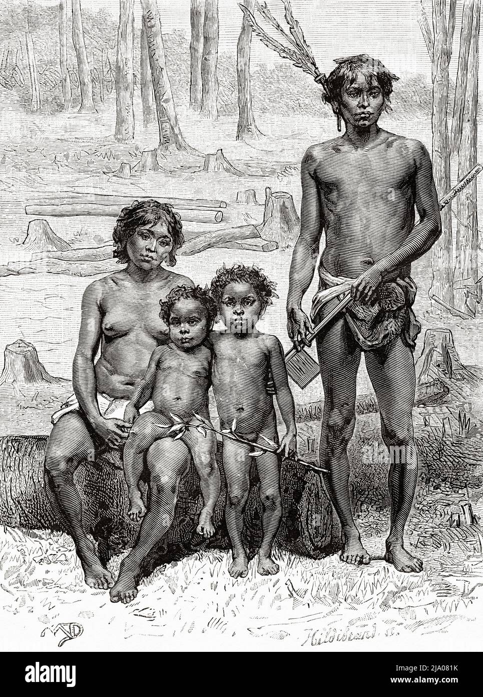 Family of the Wayana Indians tribe, French Guiana, Department of France, South America. Voyage of exploration in the interior of the Guianas 1877 by Jules Crevaux. Le Tour du Monde 1879 Stock Photo