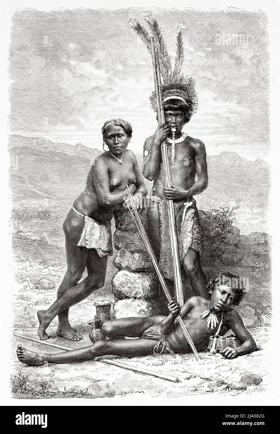 Indigenous natives of Wayana Indians tribe, French Guiana, Department of France, South America. Voyage of exploration in the interior of the Guianas 1877 by Jules Crevaux. Le Tour du Monde 1879 Stock Photo