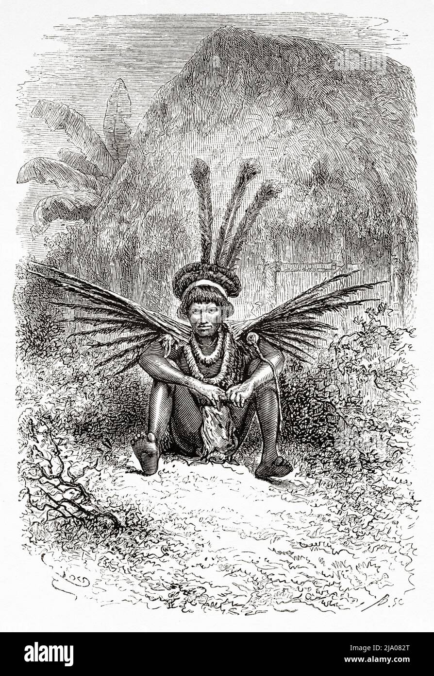 Indigenous native of the native indigenous Wayana Indians tribe, French Guiana, Department of France, South America. Voyage of exploration in the interior of the Guianas 1877 by Jules Crevaux. Le Tour du Monde 1879 Stock Photo