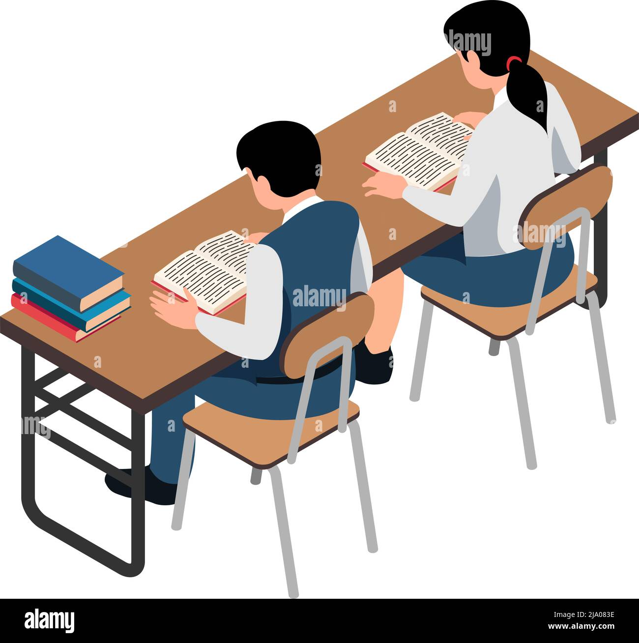 Two school pupils reading book at desk isometric icon on white background vector illustration Stock Vector