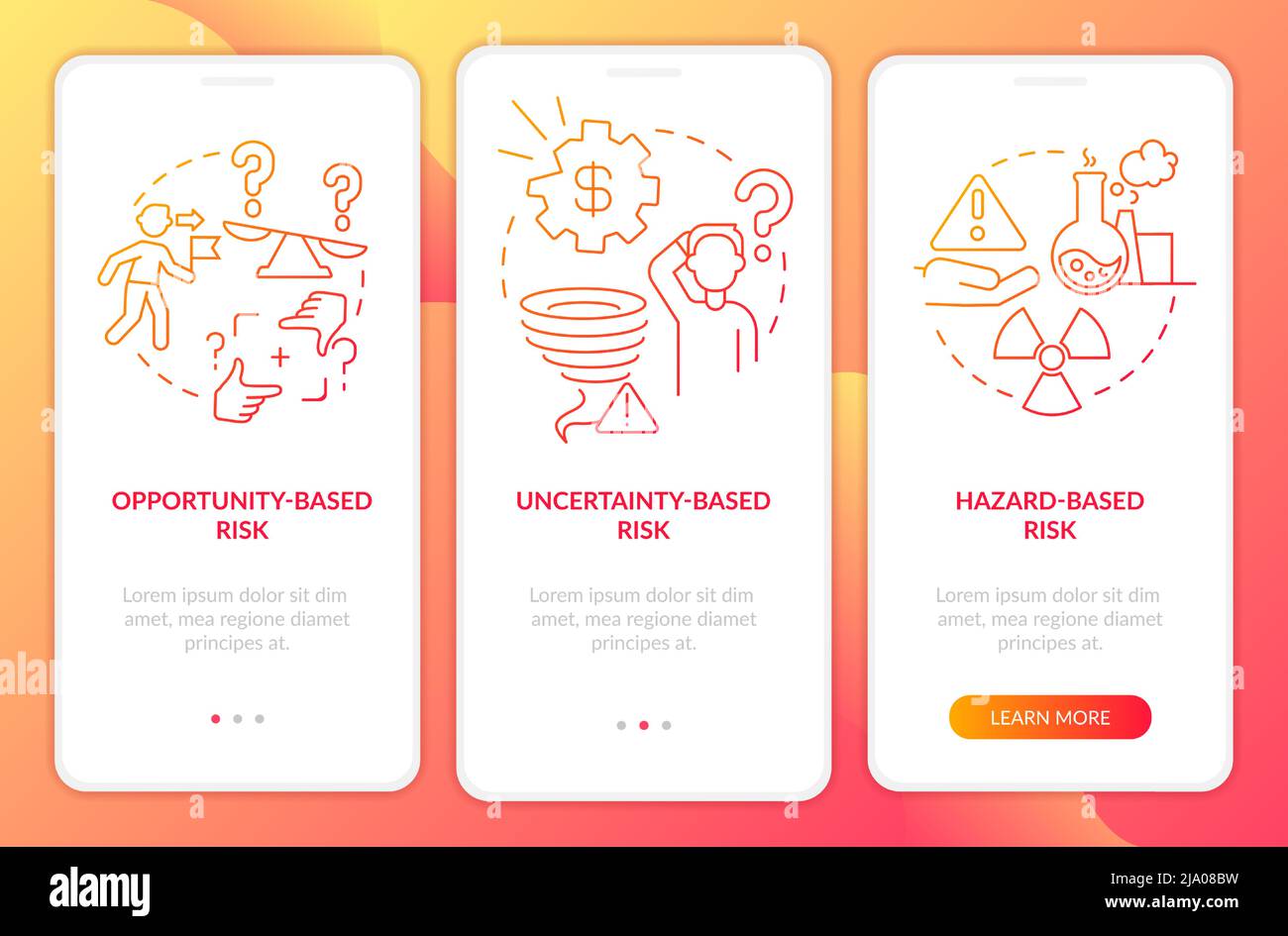 Risks types red gradient onboarding mobile app screen Stock Vector