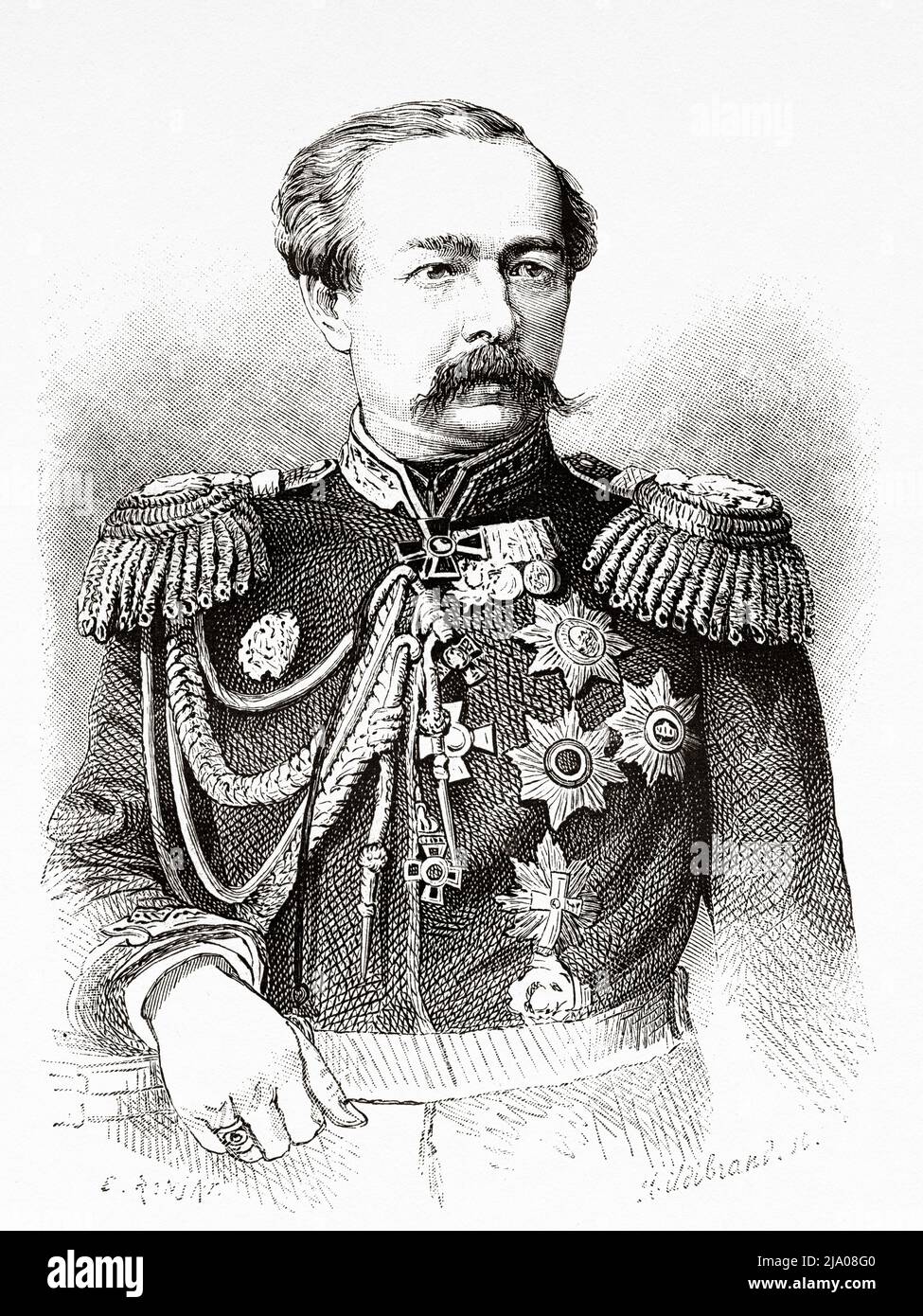 Nikolai Gennadievich Kaznakov (1823-1885) General of the Russian Army, Russia. From Orenburg to Samarkand 1876-1878 by Madame Marie Ujfalvy-Bourdon, Le Tour du Monde 1879 Stock Photo