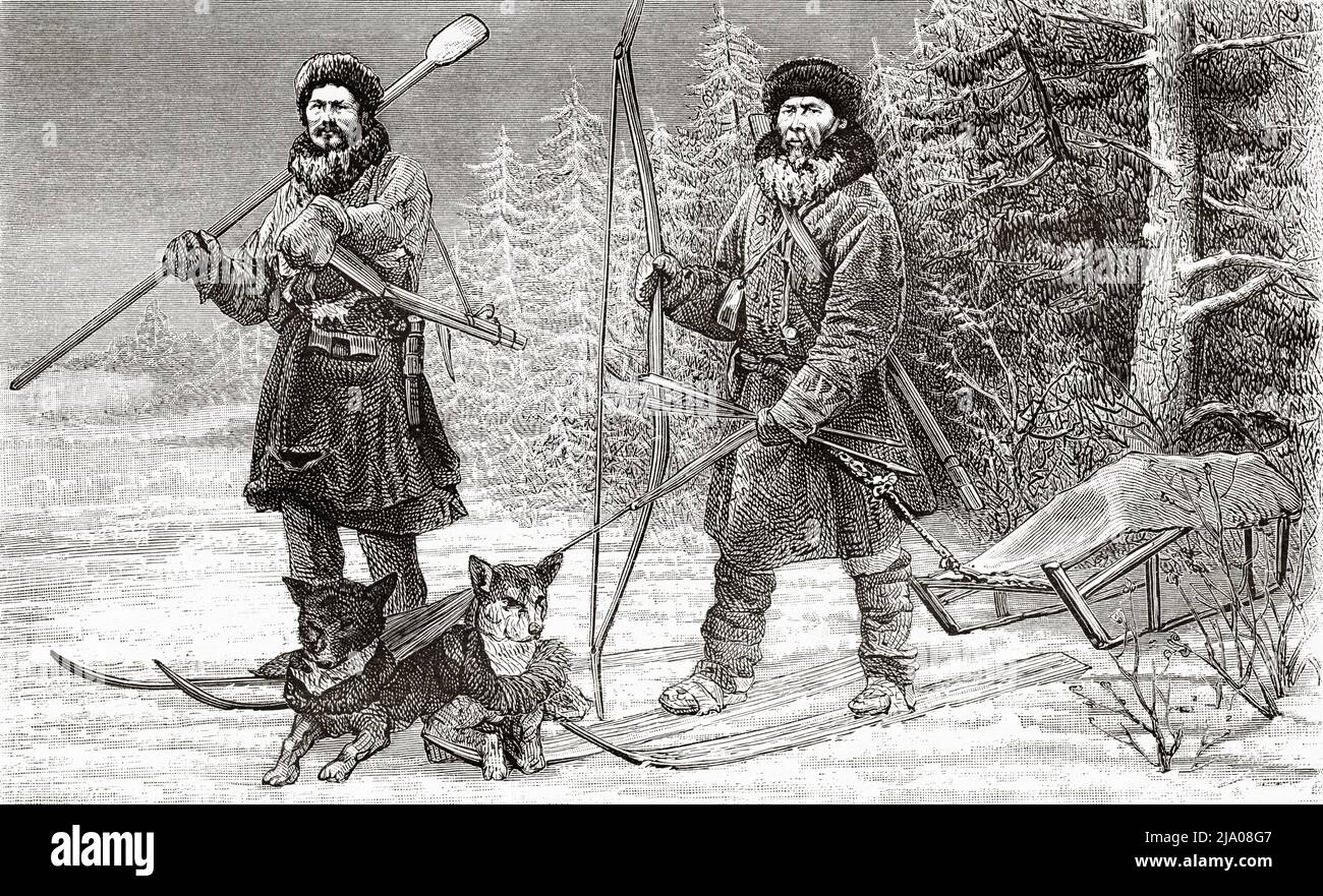 Ostyak hunters. Siberia, Russia. From Orenburg to Samarkand 1876-1878 by Madame Marie Ujfalvy-Bourdon, Le Tour du Monde 1879 Stock Photo