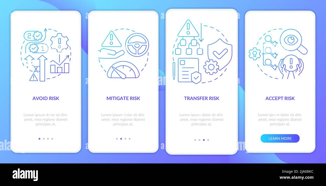 Risk management steps blue gradient onboarding mobile app screen Stock Vector
