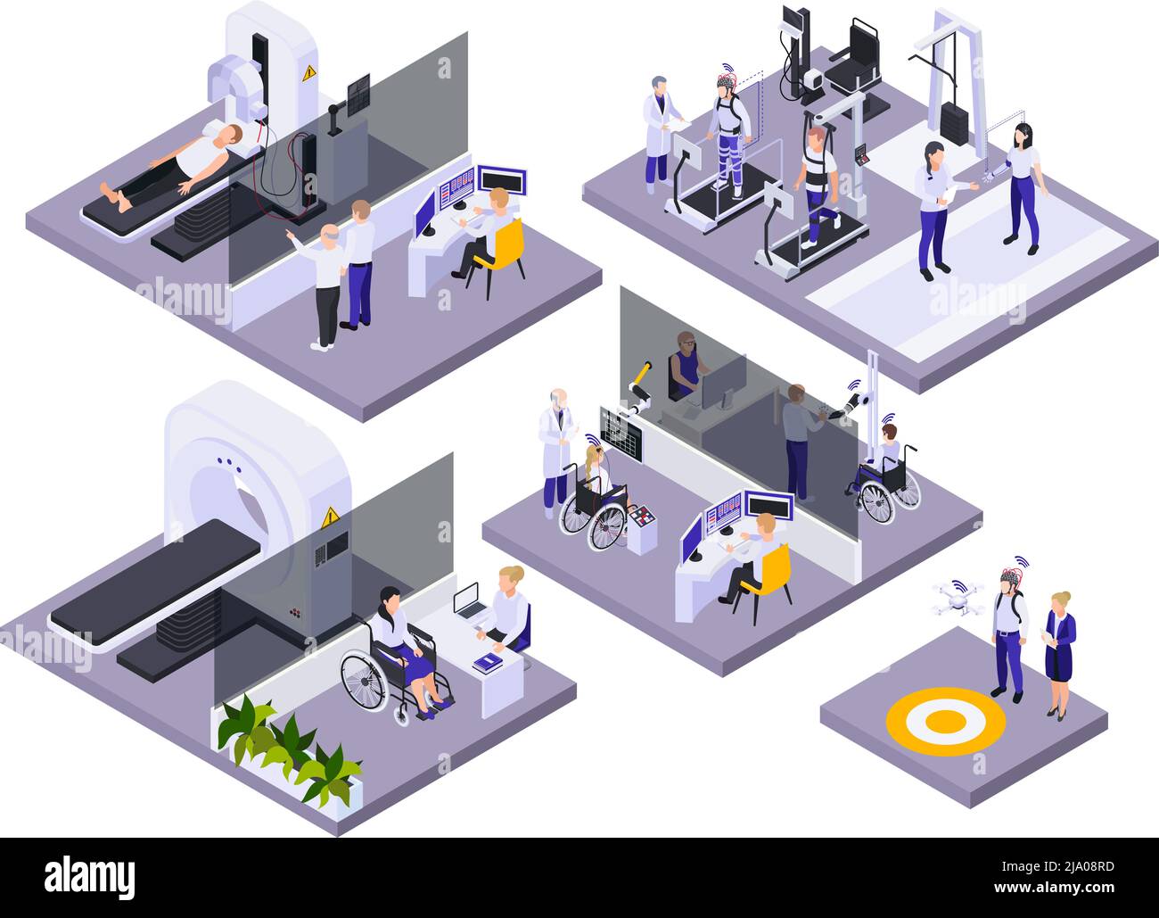 Brain neural stimulation chip implants installation rehabilitation restorative neurosurgery concept medical center interior isometric compositions vec Stock Vector