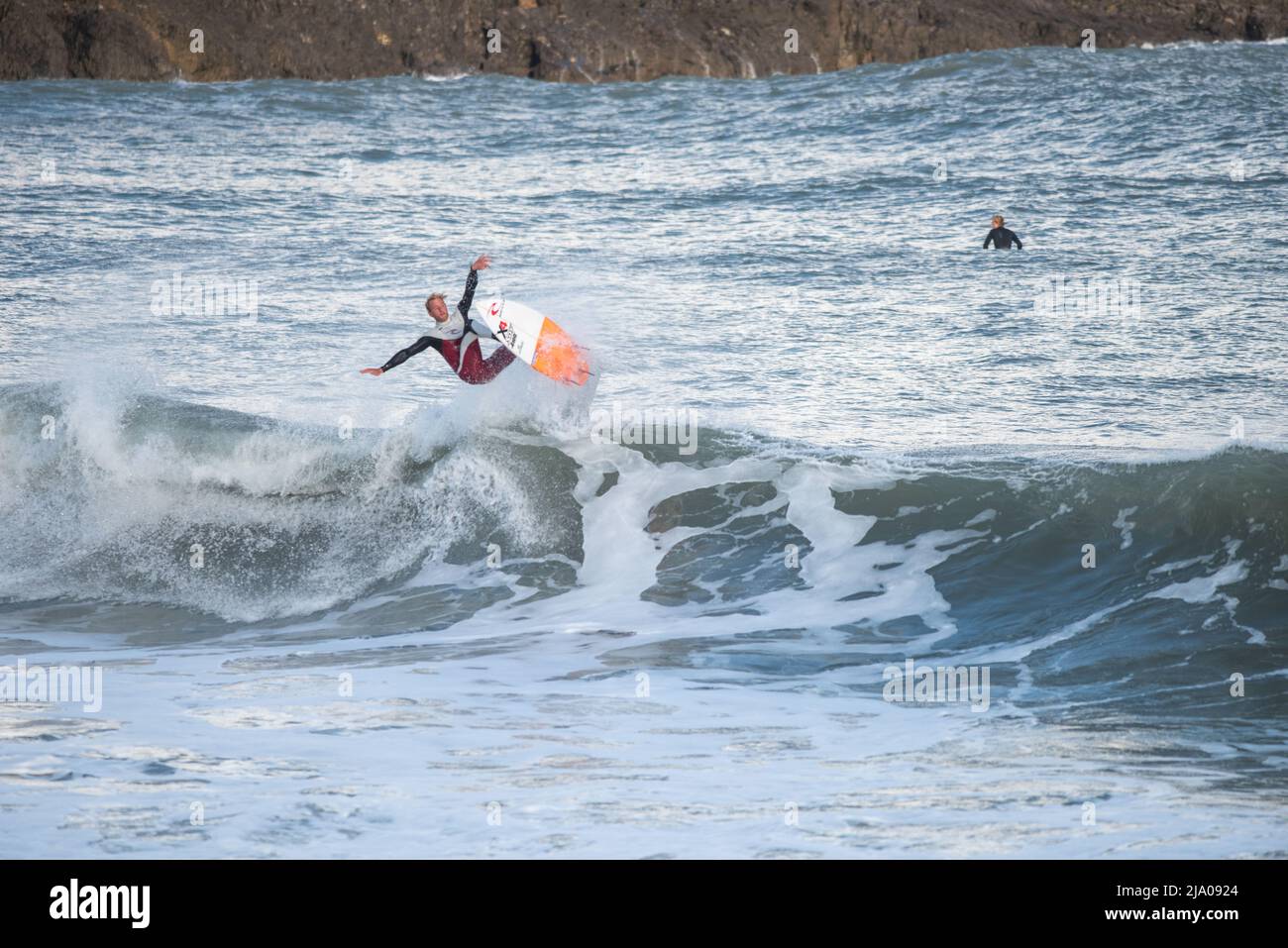 Alex Moriis, surfer on wave at Broad Haven South, Pembrokeshire, Wales, UK Stock Photo