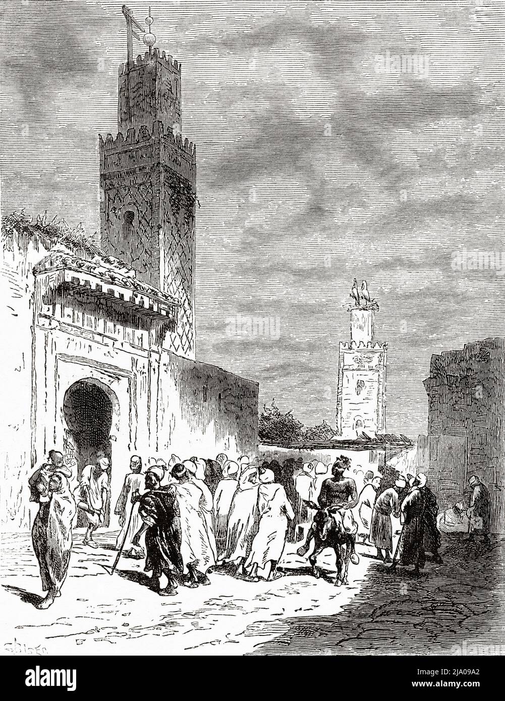 The Madrasa Bou Inania or Medersa Bu Inaniya. Souk Medina of Fez, Fes el Bali, Morocco. North of Africa. Morocco by Edmondo de Amicis 1875.  Le Tour du Monde 1879 Stock Photo