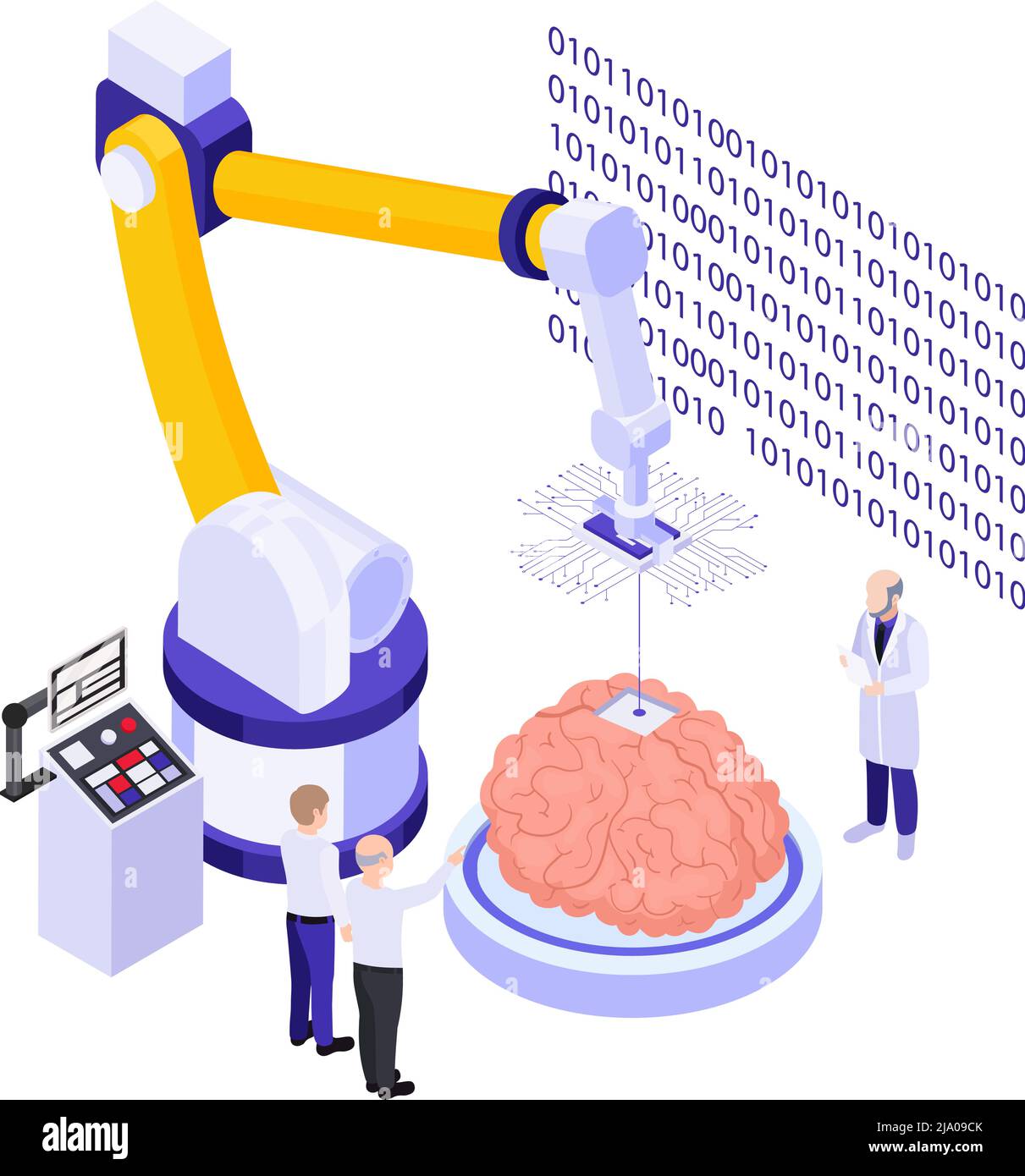 Fully automated brain chip installation system innovative technologies isometric composition with robotic arm performing surgery vector illustration Stock Vector