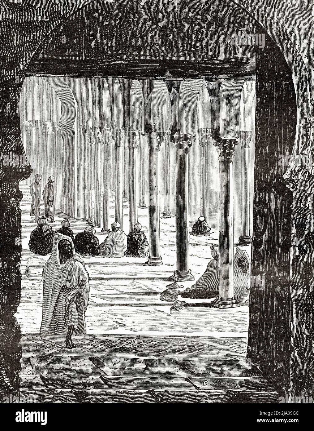 Interior of an Arab mosque, Moroccan city of Fez, Fes el Bali, Morocco. North of Africa. Morocco by Edmondo de Amicis 1875.  Le Tour du Monde 1879 Stock Photo
