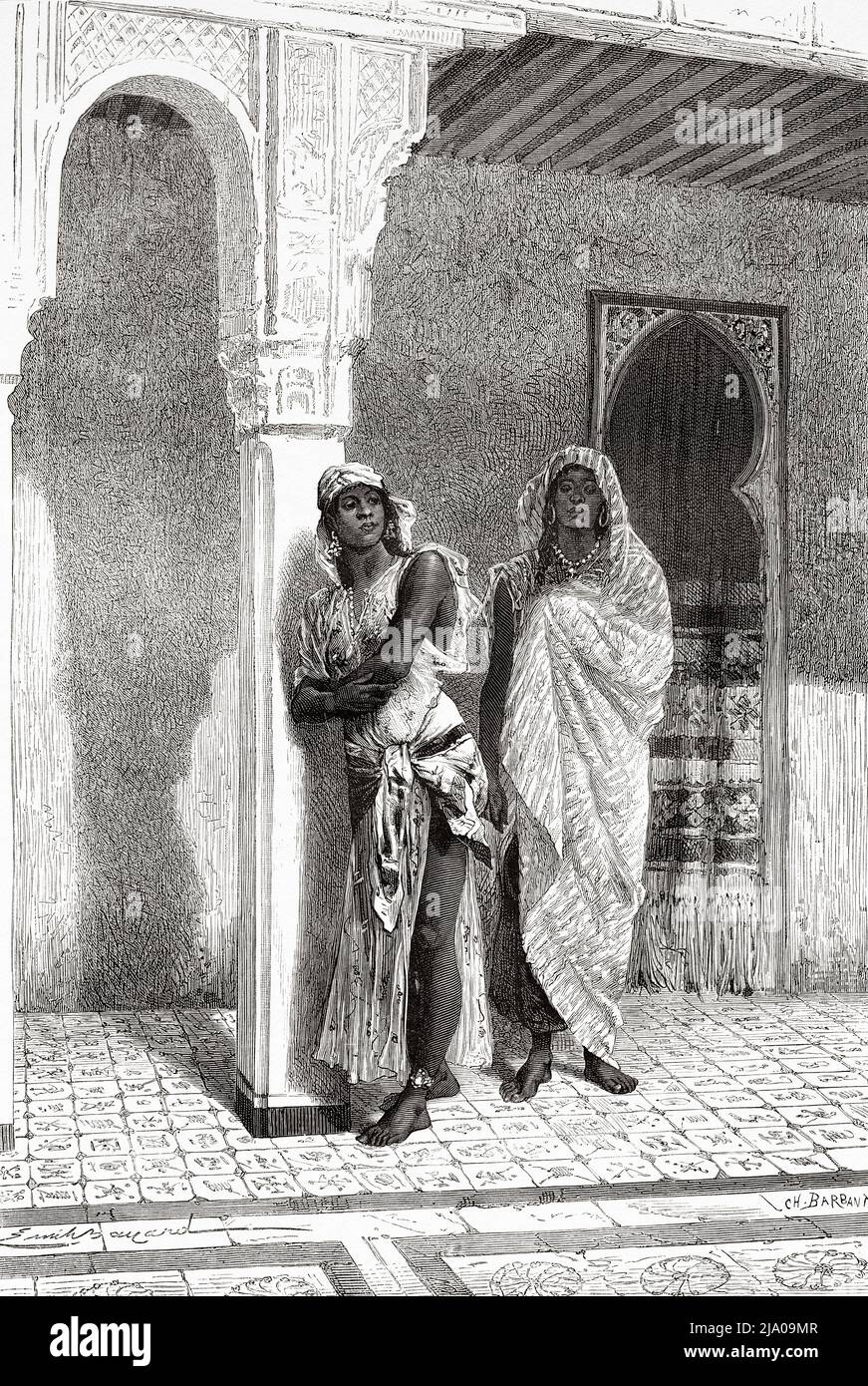 Young black slave women in traditional dress, Fez, Fes el Bali, Morocco. North of Africa. Morocco by Edmondo de Amicis 1875.  Le Tour du Monde 1879 Stock Photo