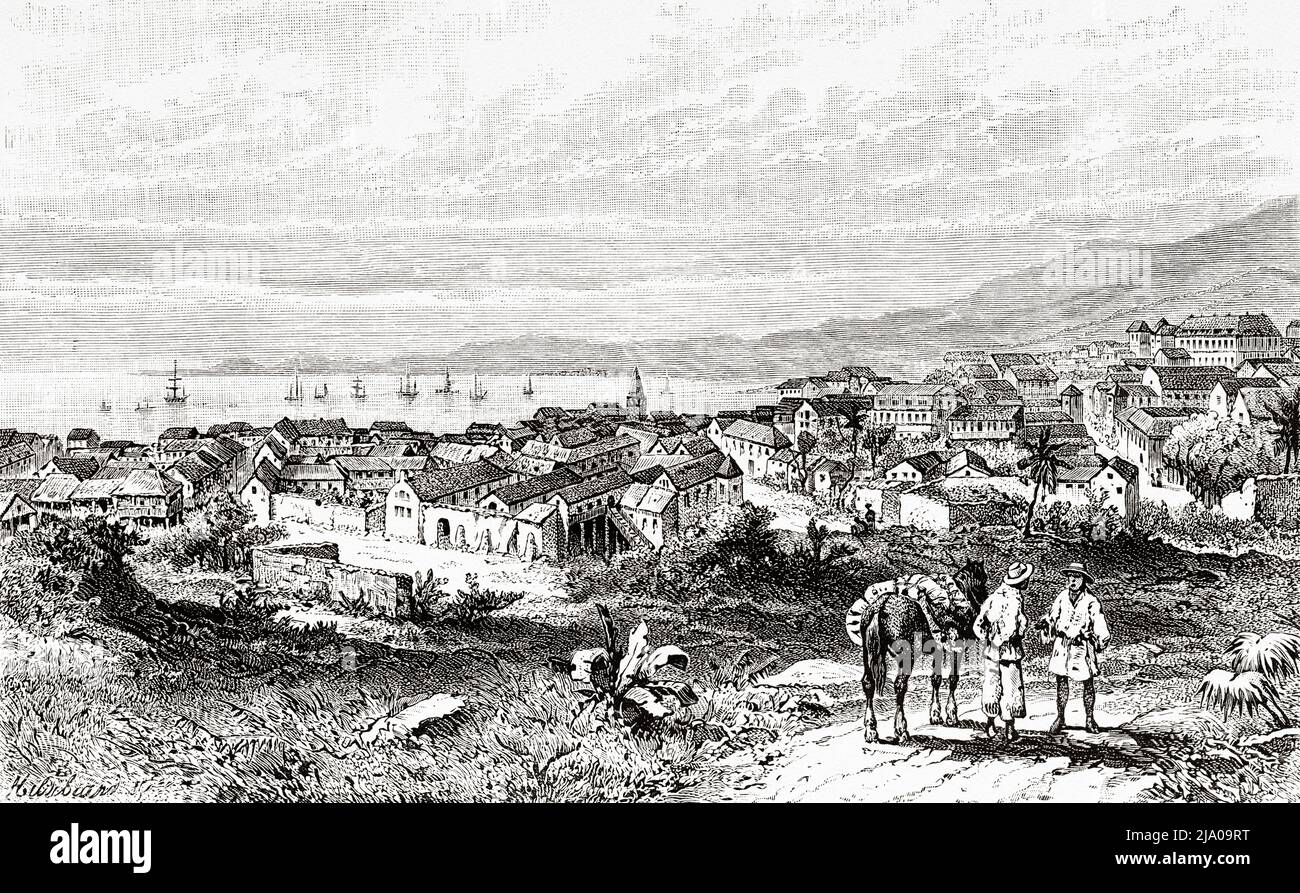 Old view over Cap Haitien, Haiti. Caribbean, Central America. Haiti by  Edgar la Selve 1871. Le Tour du Monde 1879 Stock Photo - Alamy, image size:1300x893