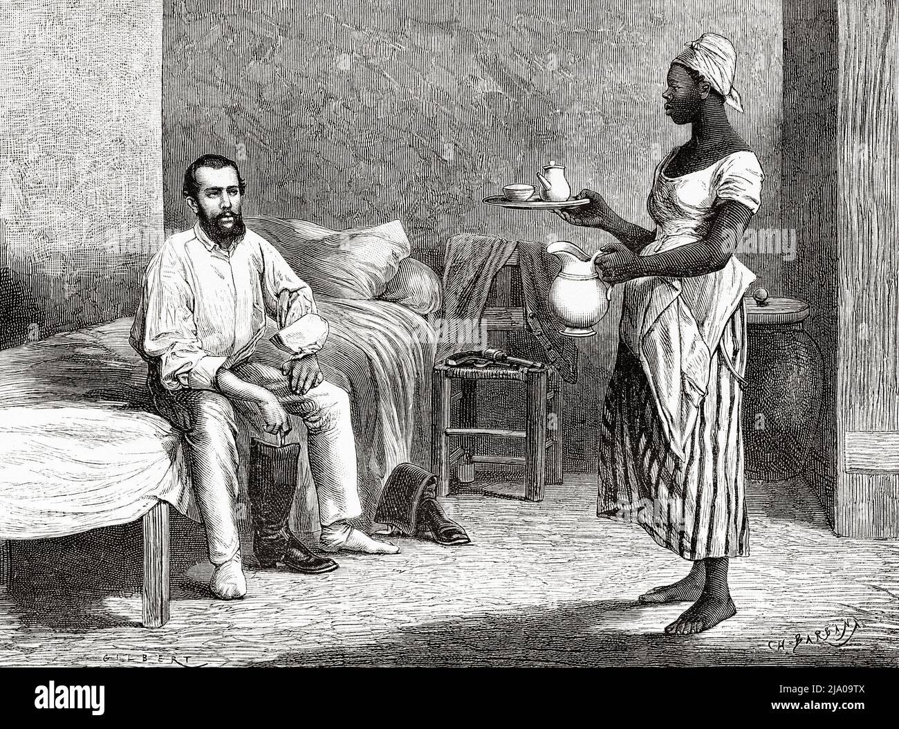 Black housemaid bringing water and coffee to traveler Edgar la Selve, Cap  Haitien, Haiti. Caribbean, Central America. Haiti by Edgar la Selve 1871. Le  Tour du Monde 1879 Stock Photo - Alamy, image size:1300x1054