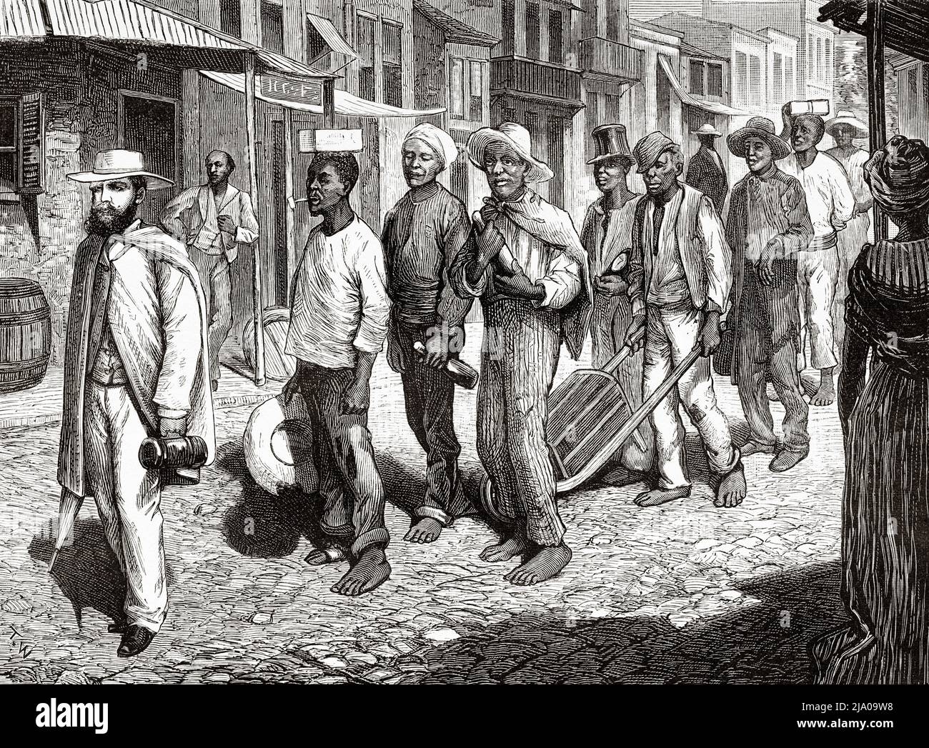 Luggage transport to Cap Haitien, Haiti. Caribbean, Central America. Haiti  by Edgar la Selve 1871. Le Tour du Monde 1879 Stock Photo - Alamy, image size:1300x1047