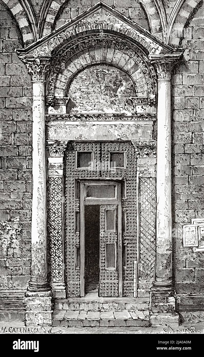 Side door of the Cathedral of Saint Stephen in Prato, Tuscany, Central Italy. Europe. Small Towns and Great Art in Tuscany by Henri Belle 1871. Le Tour du Monde 1879 Stock Photo