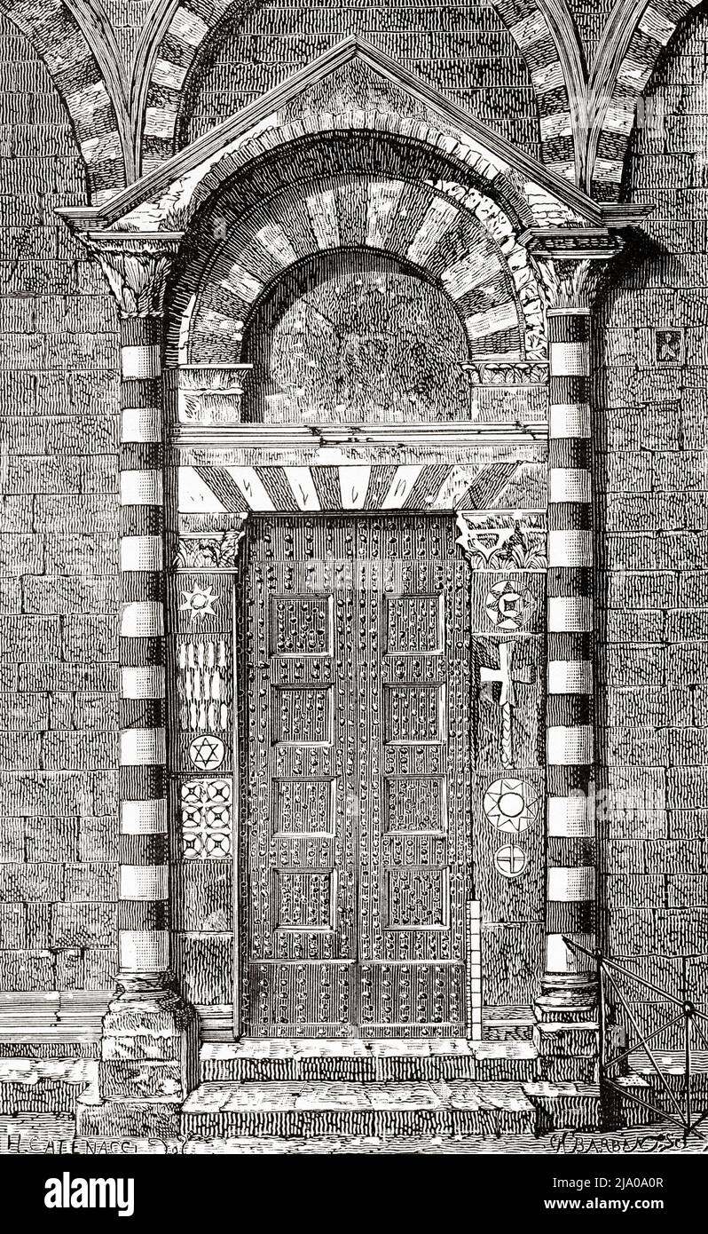 side door of the Cathedral of Saint Stephen in Prato, Tuscany, Central Italy. Europe. Small Towns and Great Art in Tuscany by Henri Belle 1871. Le Tour du Monde 1879 Stock Photo