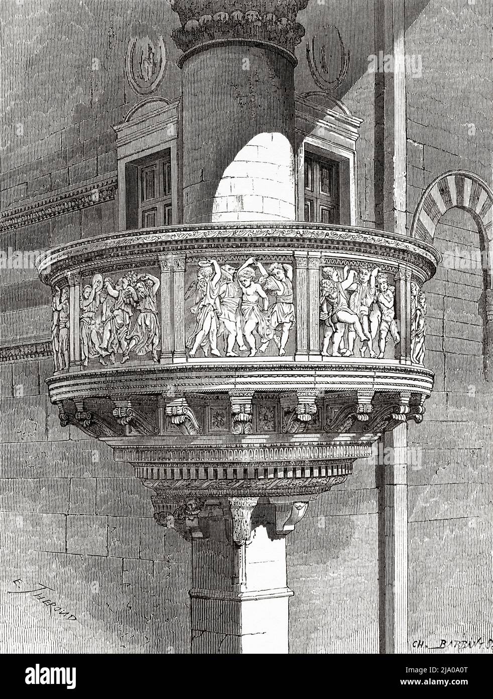 Pulpit sculptural work by Donatello and Michelozzo. Cathedral of Saint Stephen in Prato, Tuscany, Central Italy. Europe. Small Towns and Great Art in Tuscany by Henri Belle 1871. Le Tour du Monde 1879 Stock Photo