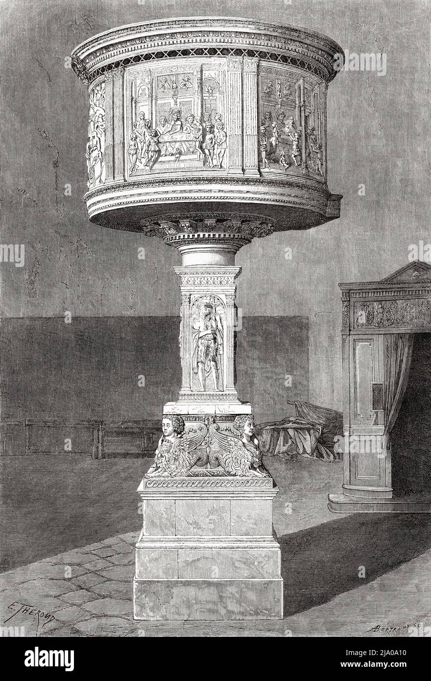 Pulpit by Rossellini and Mino da Fiesole. Cathedral of Saint Stephen in Prato, Tuscany, Central Italy. Europe. Small Towns and Great Art in Tuscany by Henri Belle 1871. Le Tour du Monde 1879 Stock Photo