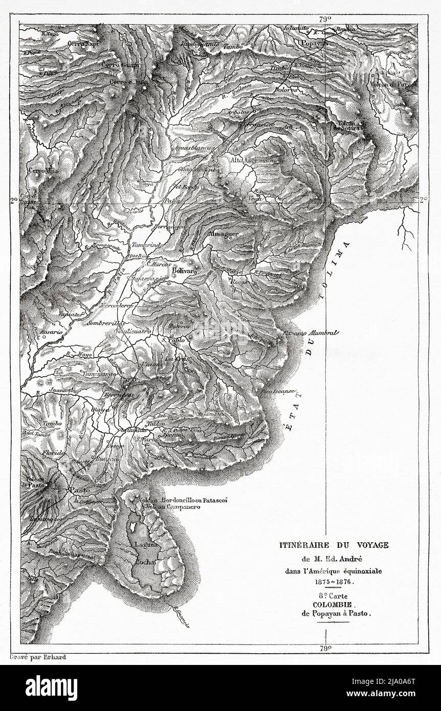 From Popayan to Pasto. Cauca Department. Colombia, South America. Travel itinerary map through Equinoctial America 1875-1876 by Edward Francois Andre. Le Tour du Monde 1879 Stock Photo