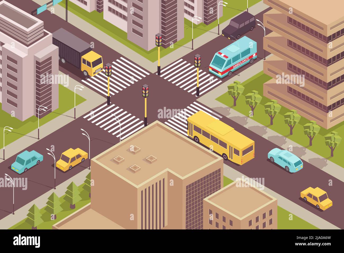 Road city isometric scenery with birds eye view of signalized intersection with cars and modern buildings vector illustration Stock Vector